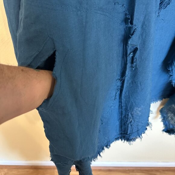Womens Open Front Linen Cardigan Frayed Edges Italy Medium Teal Blue Lagenlook - Picture 9 of 11